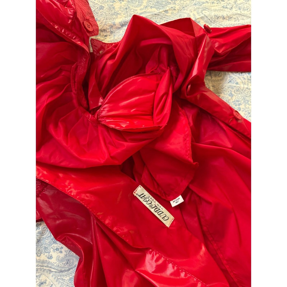 Vintage Cuddlecoat New York Red High Shine Trench Coat Mandarin Collar Belted - Picture 6 of 8